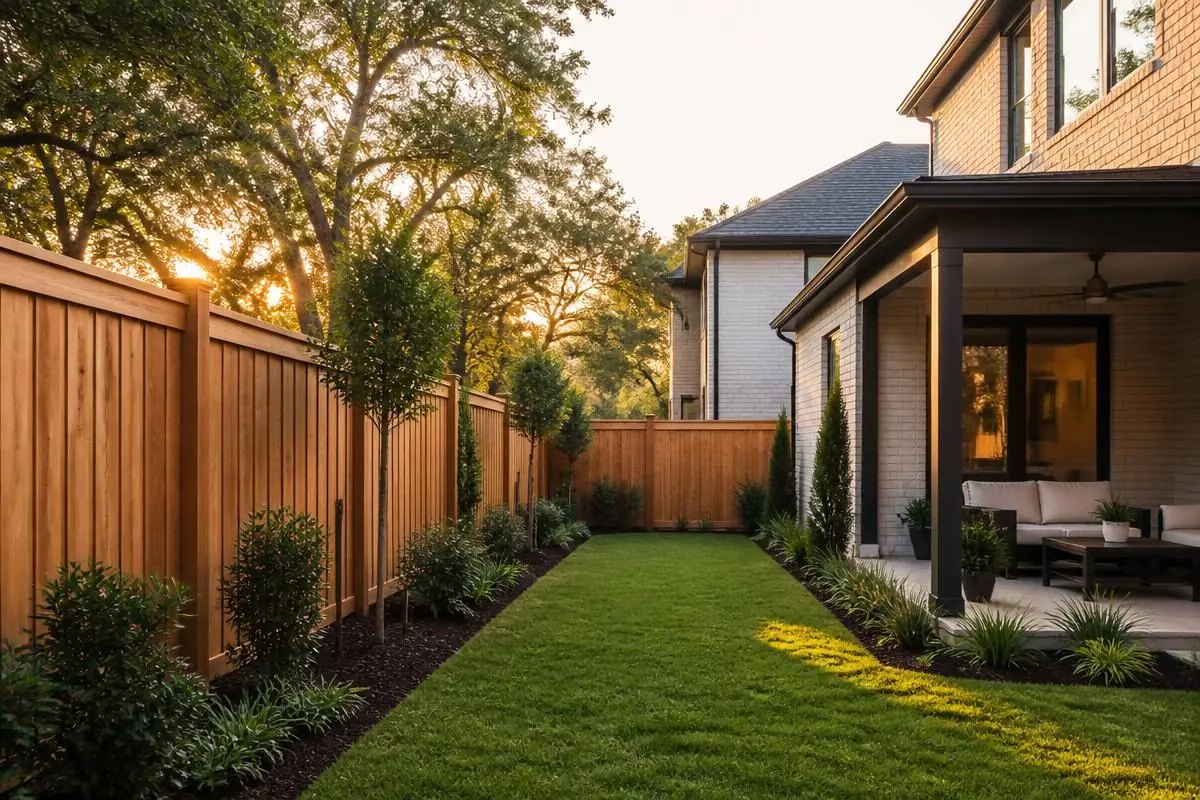 Freshly stained cedar privacy fence in a landscaped Prosper, TX backyard