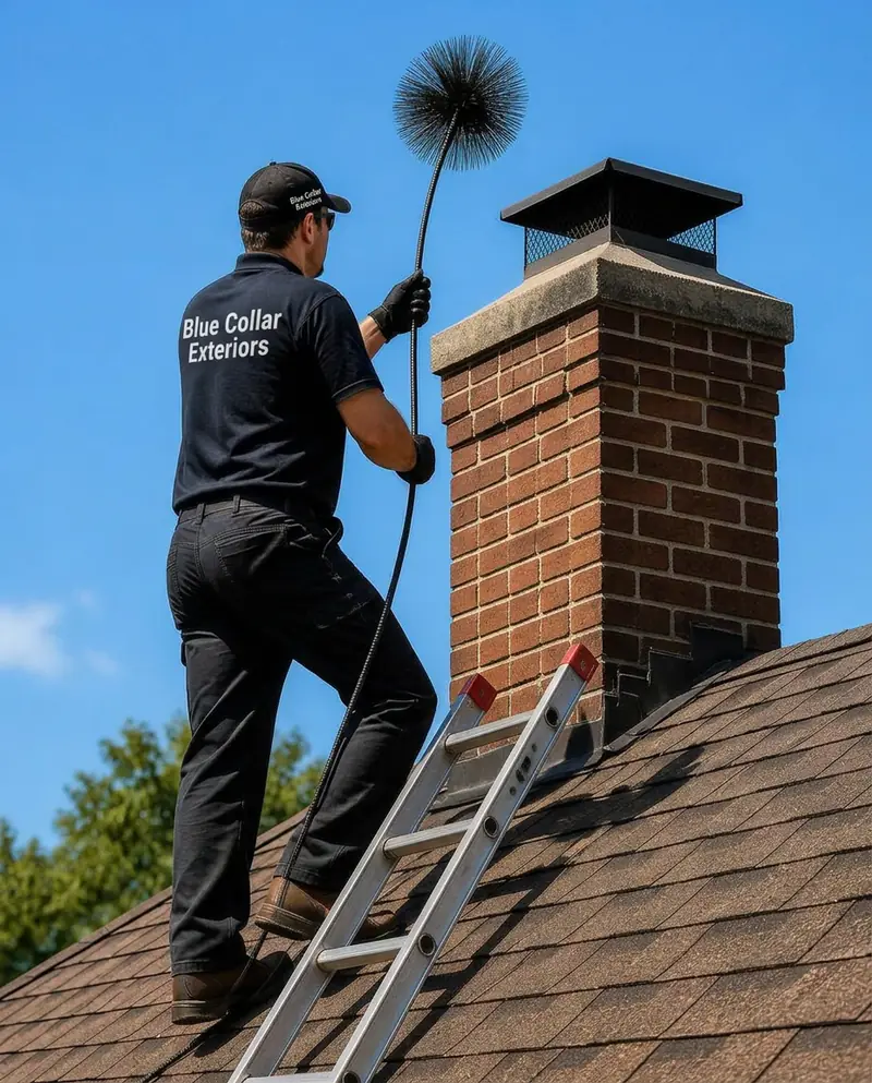 Chimney sweep cleaning a brick chimney on a McKinney, TX residential roof