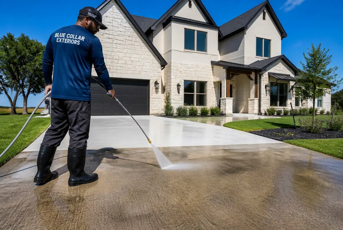 Blue Collar Exteriors technician pressure washing a concrete driveway in Plano, TX