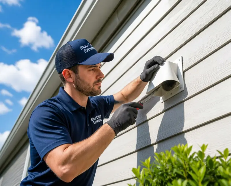Technician cleaning an exterior dryer vent on home siding in Celina, TX