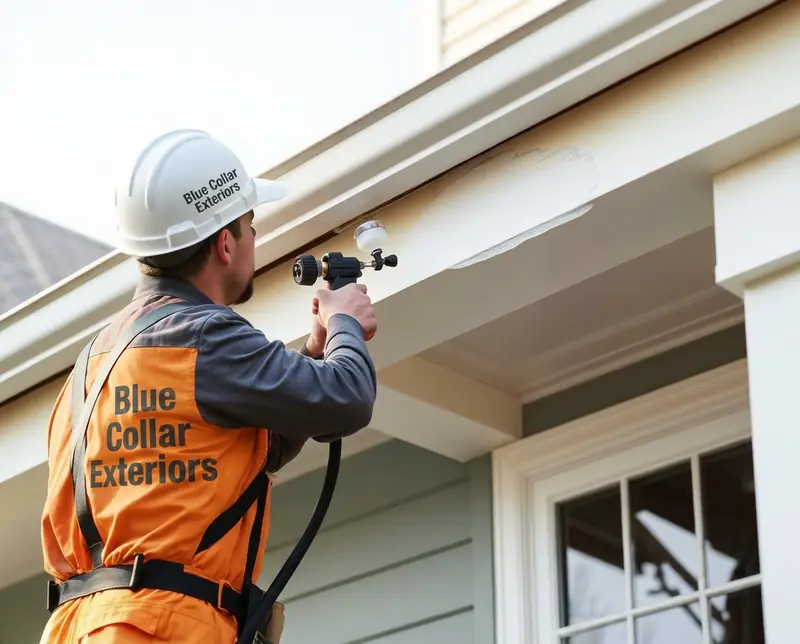 Blue Collar Exteriors painter spraying fresh coating on house trim and soffits in Dallas, TX